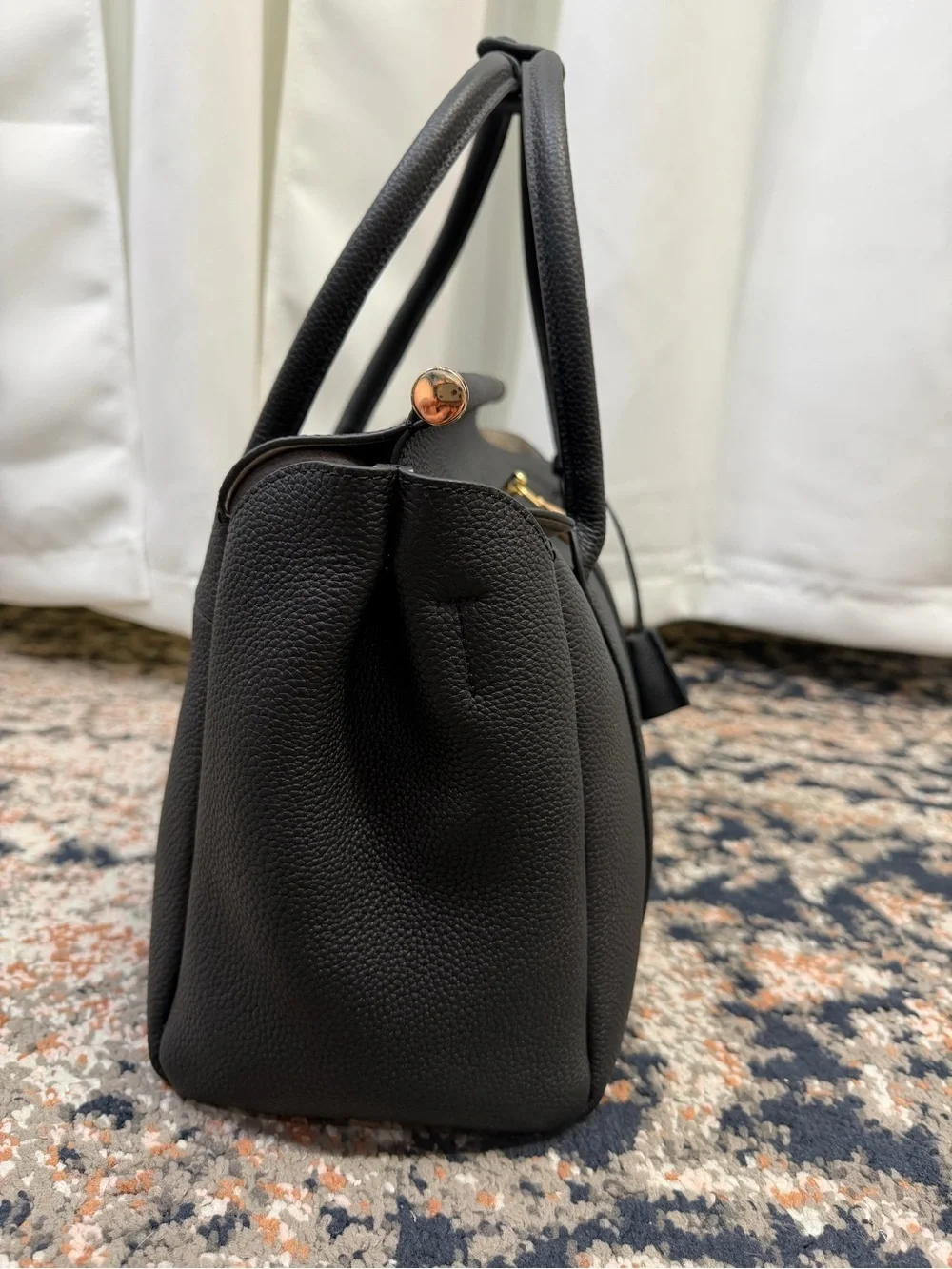 Black Genuine Pebbled Leather Flap Double Handle Satchel With Gold Lock Charm